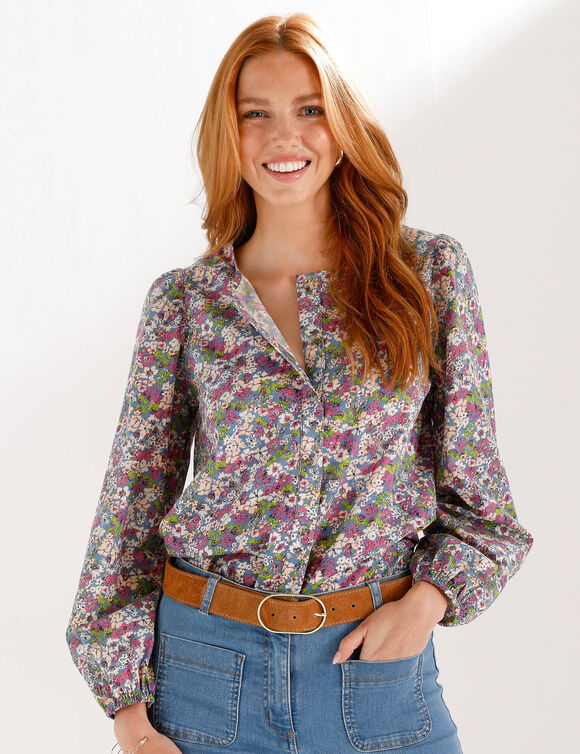Chemisier col rond imprim&eacute; fleuri, manches longues blousantes (bleu / violine)