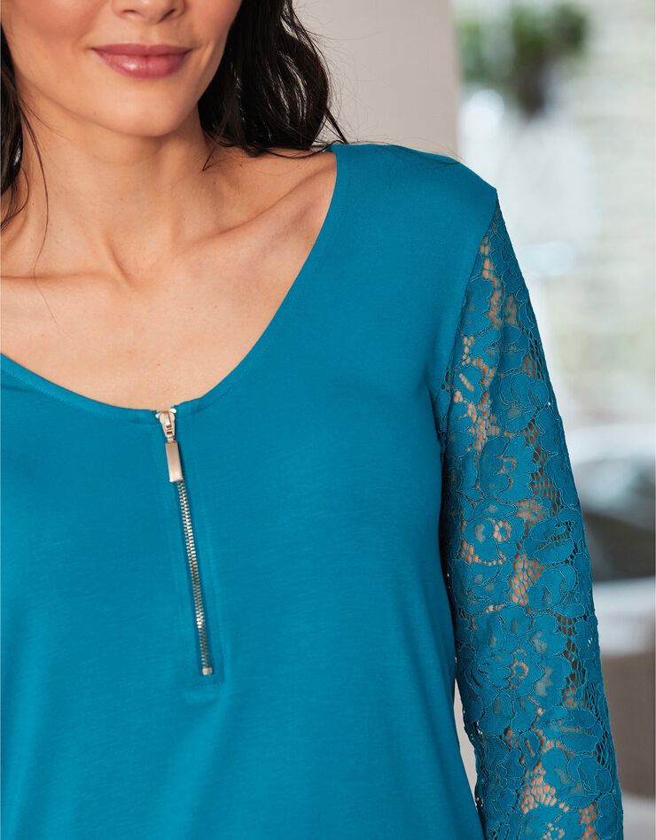 Tee-shirt col zippé manches 3/4 dentelle jersey (bleu prusse) Tee-shirt col zippé manches 3/4 dentelle jersey (bleu prusse)