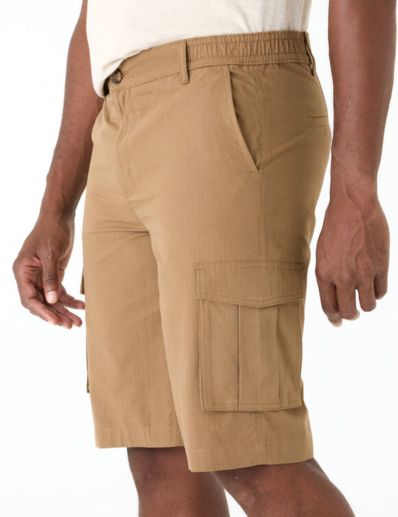 Bermuda cargo en toile ripstop ceinture &eacute;lastiqu&eacute;e c&ocirc;t&eacute;s  (beige fonc&eacute;)