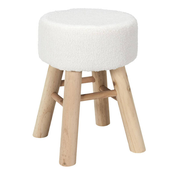 Tabouret en bois, assise bouclette sherpa (blanc)