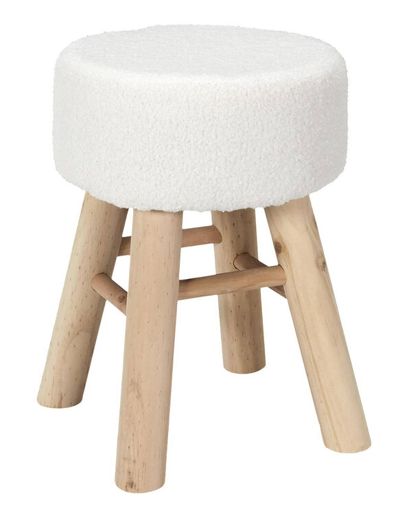 Tabouret en bois, assise bouclette sherpa (blanc)