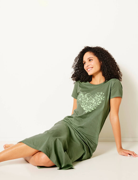 Chemise de nuit longue imprimée cœur (kaki)