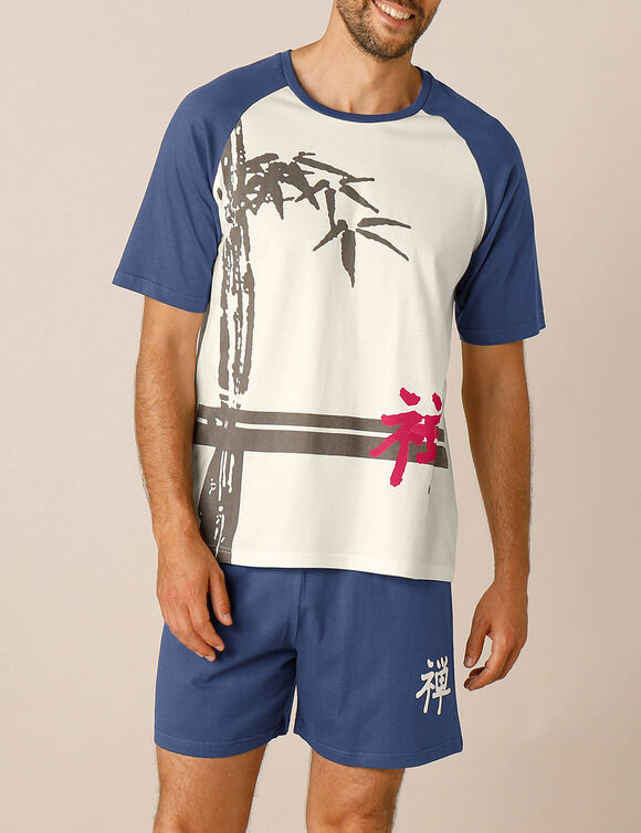 Pyjama short motif bambou (écru / indigo)