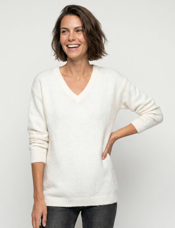 Pull tunique col V, maille douceur (&eacute;cru)