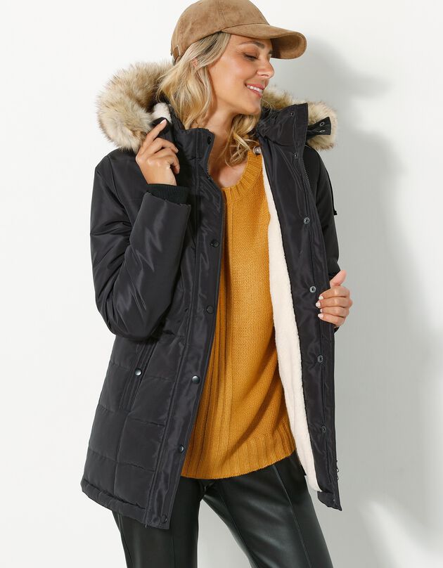 Doudoune à capuche imperméable, doublée maille peluche (noir)