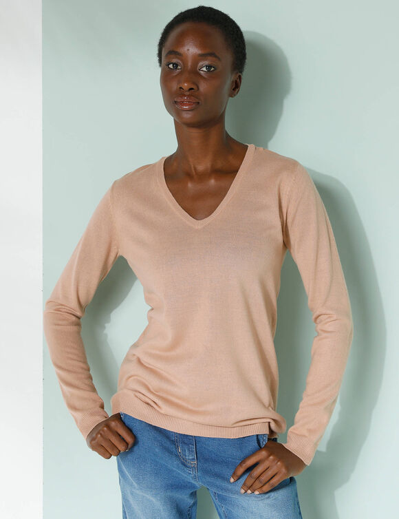 Pull col V, toucher doux (beige)
