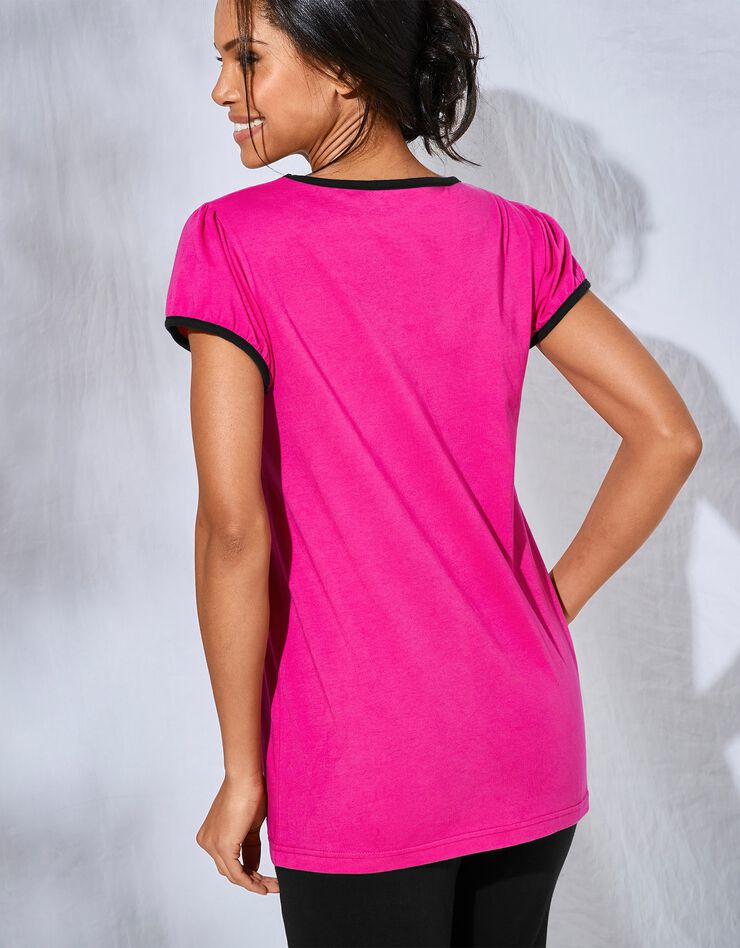 Tee-shirt manches courtes coton uni imprimé placé "Enjoy"  (fuchsia)