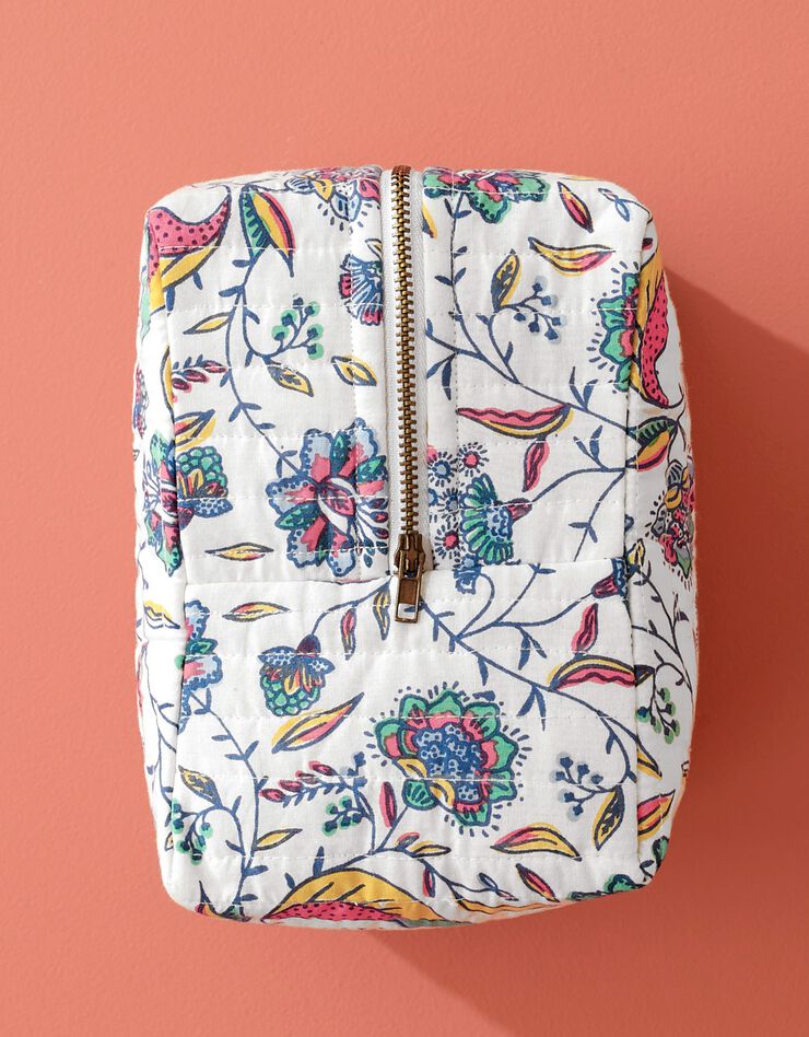 Trousse de toilette zippée matelassée, imprimé floral Indian Summer (écru / bleu)