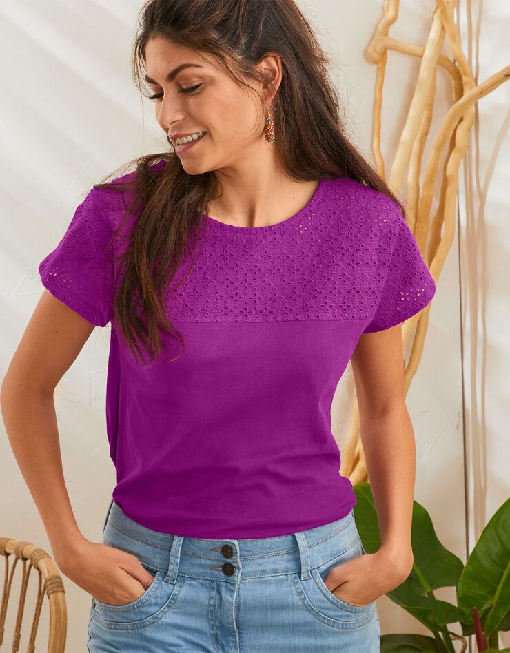 Tee-shirt broderie anglaise manches courtes (violine) Tee-shirt broderie anglaise manches courtes (violine)