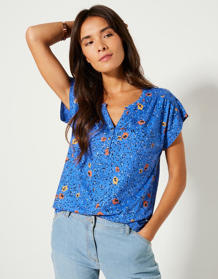 Tee-shirt col tunisien manches courtes, imprimé (bleu) Tee-shirt col tunisien manches courtes, imprimé (bleu)