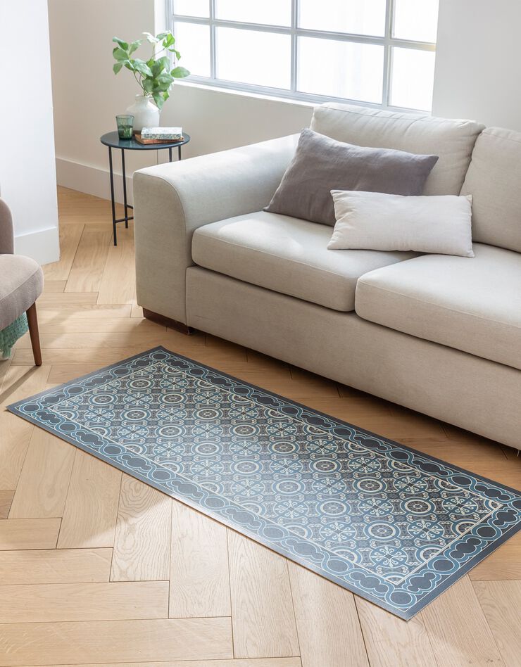 Tapis vinyle effet carreaux de ciment (bleu/gris/noir) Tapis vinyle effet carreaux de ciment (bleu/gris/noir)