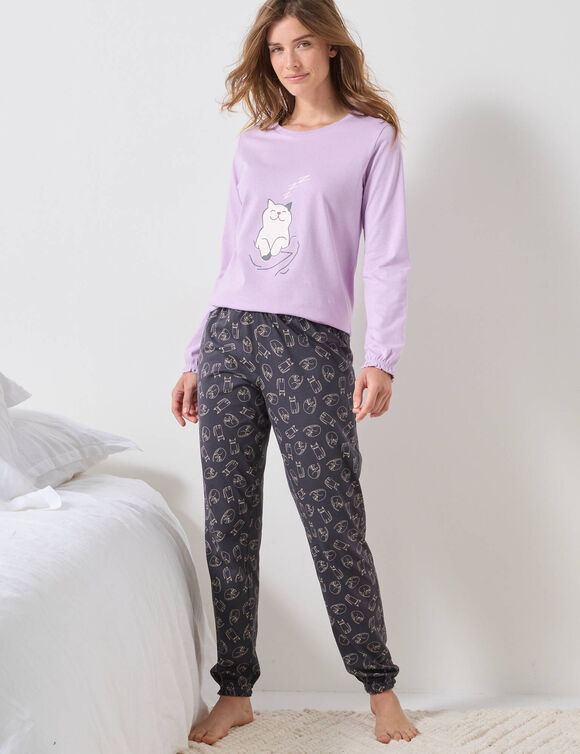 Pyjama motif "chat" manches longues volantées  (parme / gris)