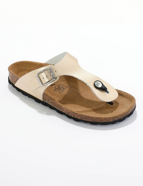 Sandales entredoigts cuir, boucle r&eacute;glable (dor&eacute;)