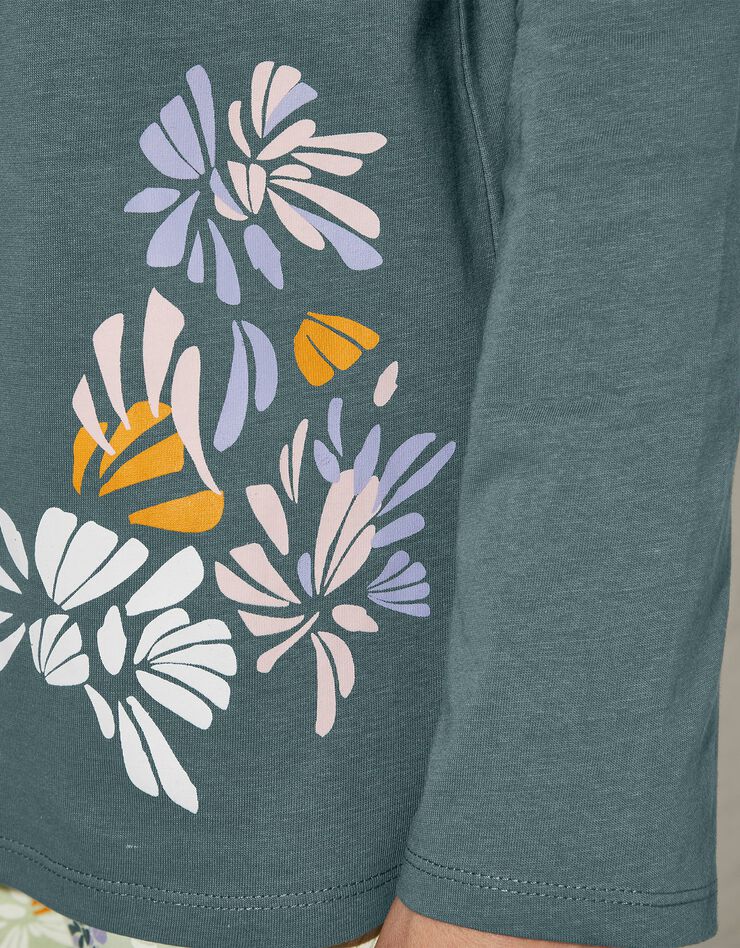 Tee-shirt pyjama manches longues imprimé placé "pétales de fleurs" (vert sauge)
