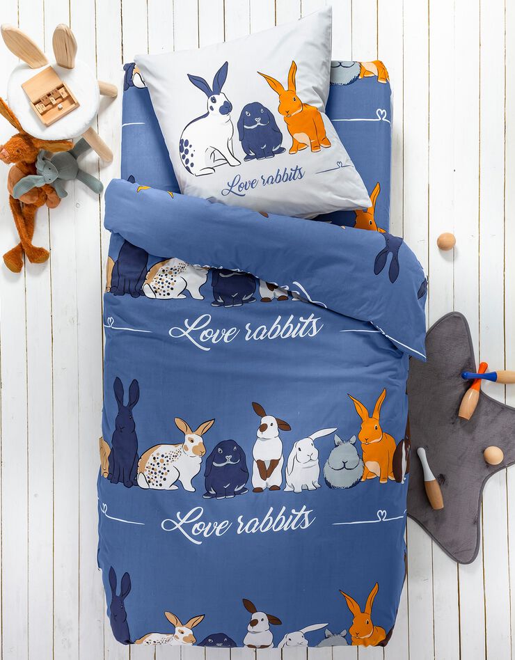 Linge de lit enfant Rabbit imprimé animaux 1 personne - coton (bleu)