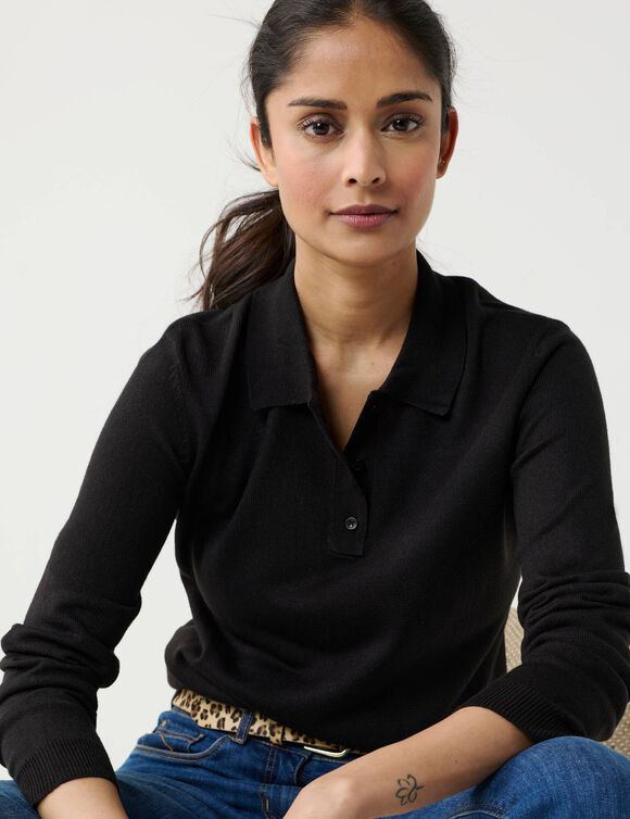 Pull col polo boutonn&eacute;, toucher doux (noir)