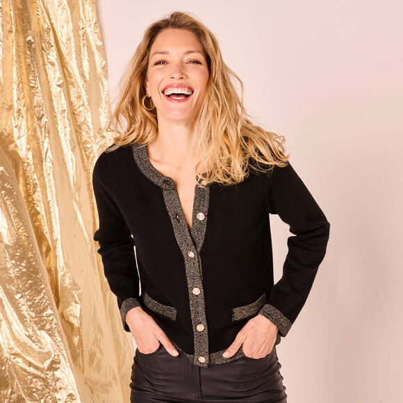 Cardigan boutons dor&eacute;s, d&eacute;tails brillants (noir)