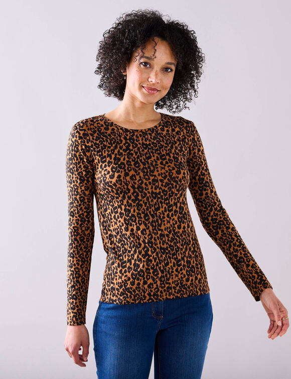 T-shirt imprim&eacute; peau de b&ecirc;te, stretch (caramel / noir)