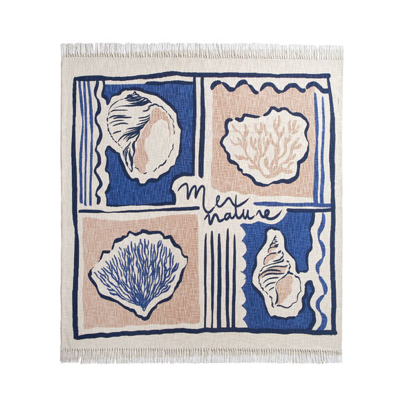 Plaid coton imprim&eacute; coquillages (bleu / beige)