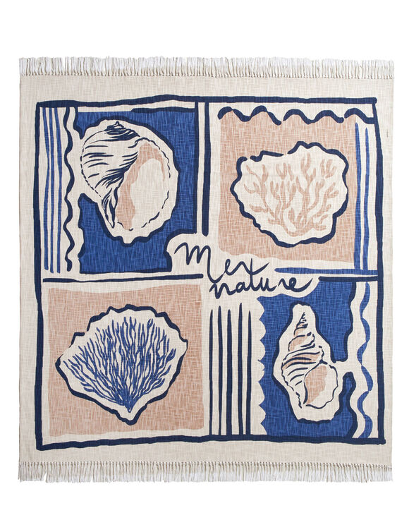 Plaid coton imprim&eacute; coquillages (bleu / beige)