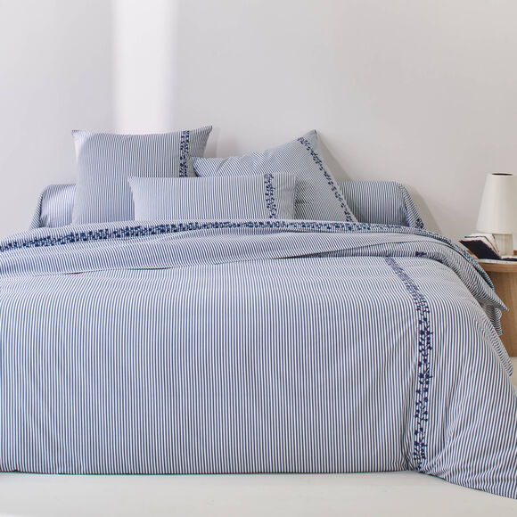 Linge de lit Faustine imprim&eacute; rayures et brod&eacute; - coton 57 fils/cm&sup2; (bleu)