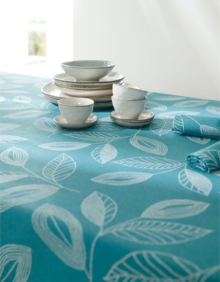 Nappe anti-taches bicolore imprimée feuilles (bleu canard) Nappe anti-taches bicolore imprimée feuilles (bleu canard)