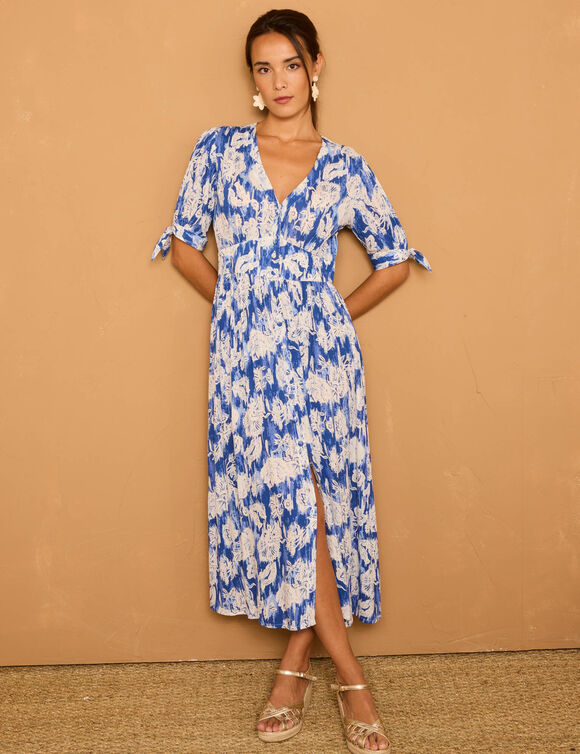 Robe longue imprimée, évasée (bleu)