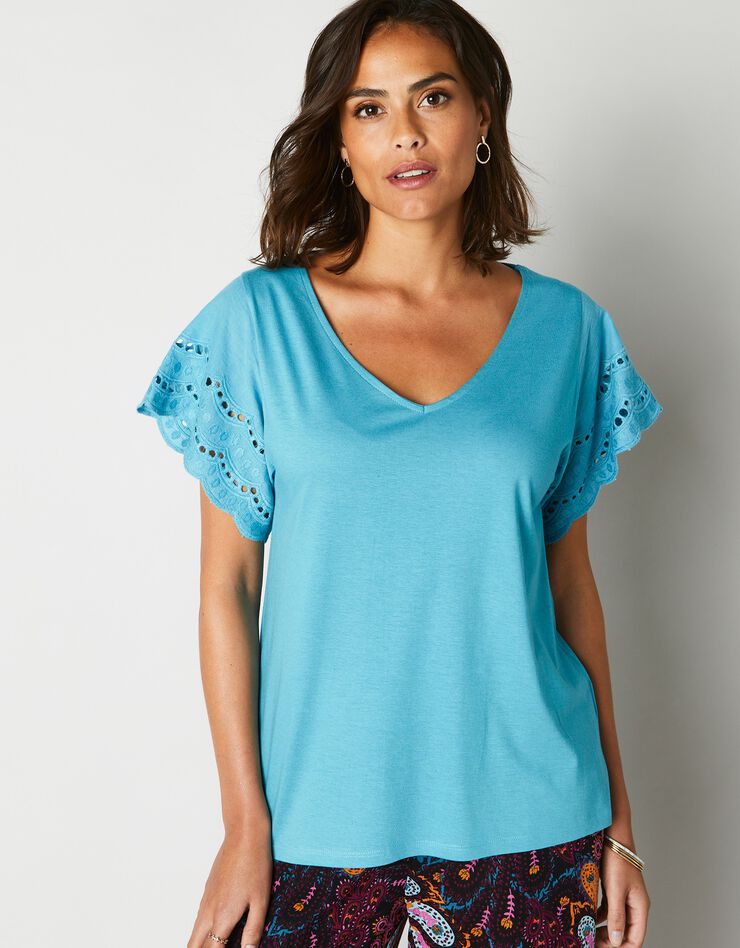 Tee-shirt manches courtes broderie anglaise (bleu) Tee-shirt manches courtes broderie anglaise (bleu)