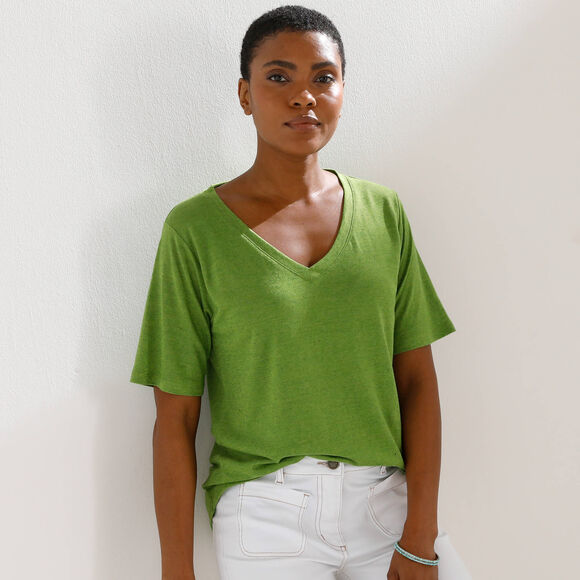 T-shirt col V en lin m&eacute;lang&eacute;, manches courtes (vert)