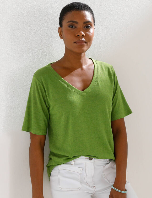 T-shirt col V en lin m&eacute;lang&eacute;, manches courtes (vert)
