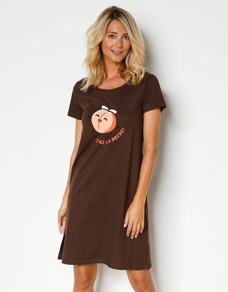 Chemise de nuit courte manches courtes motif "J'ai la pêche !" (chocolat) Chemise de nuit courte manches courtes motif "J'ai la pêche !" (chocolat)