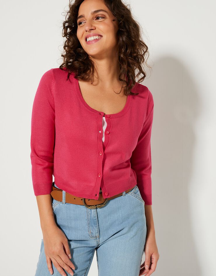 Gilet boléro boutonné toucher cachemire (rose fuchsia) Gilet boléro boutonné toucher cachemire (rose fuchsia)