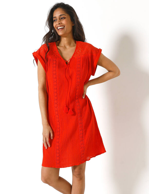 Robe macram&eacute;, cr&eacute;pon coton (rouge)