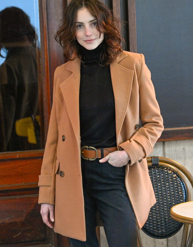 Manteau caban aspect drap de laine (caramel)