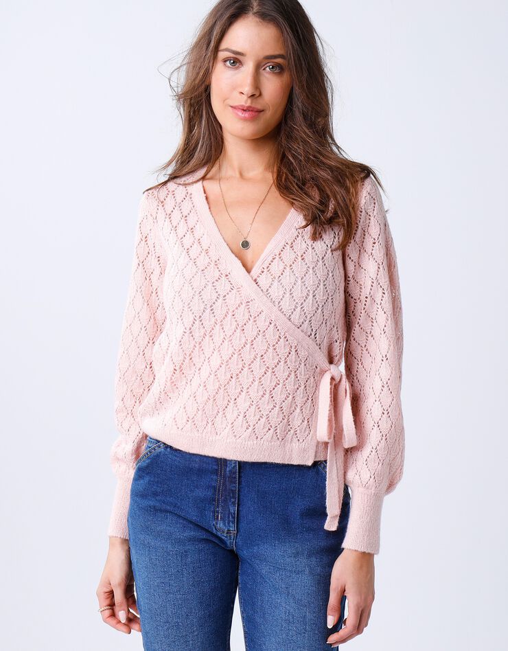 Gilet cache-coeur maille ajourée (rose pâle)