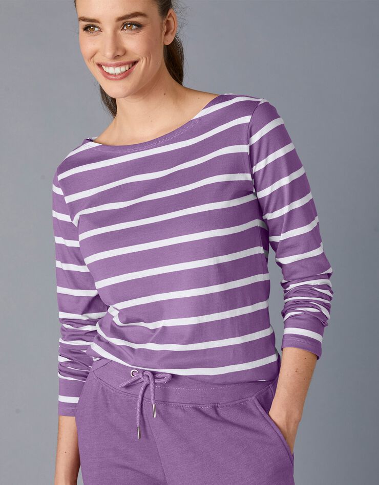 Tee-shirt marinière manches longues en coton bio, éco-responsable (violet / blanc) Tee-shirt marinière manches longues en coton bio, éco-responsable (violet / blanc)