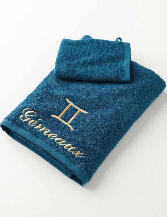 Serviettes de bain brodées Gémeaux - 420g/m2 (bleu paon)