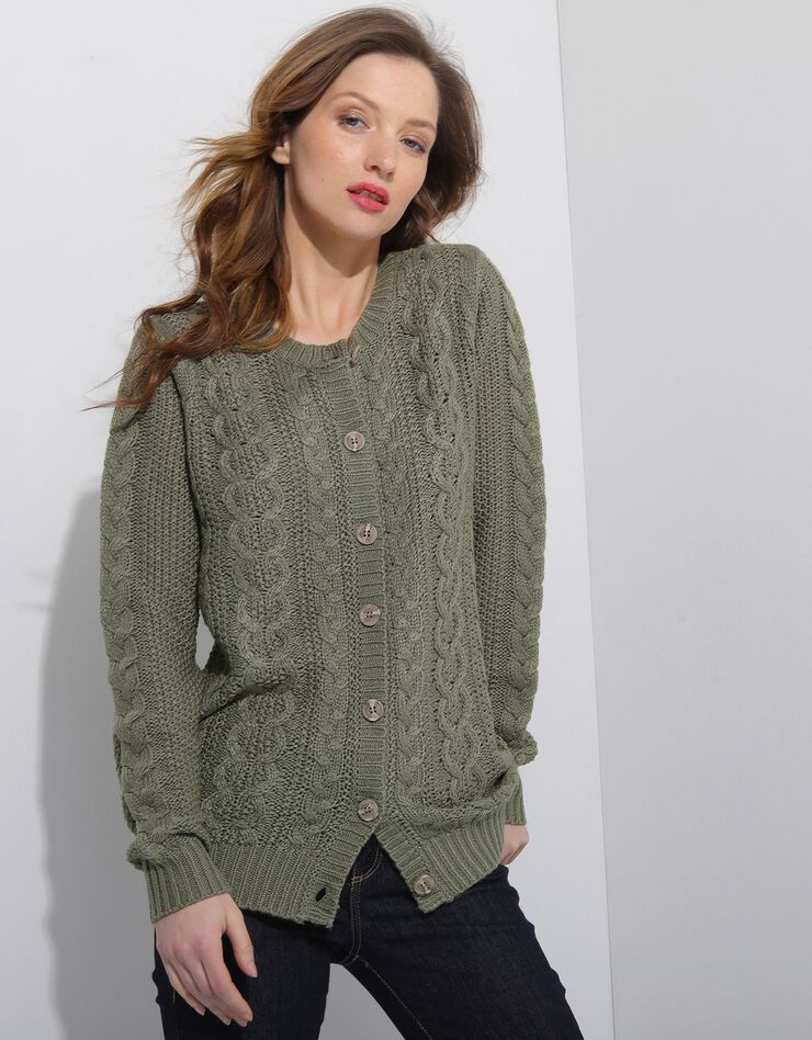 Cardigan boutonné, maille torsadée (kaki) Cardigan boutonné, maille torsadée (kaki)