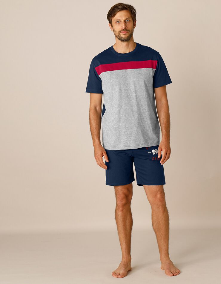 Tee-shirt pyjama tricolore manches courtes (marine / gris chiné)