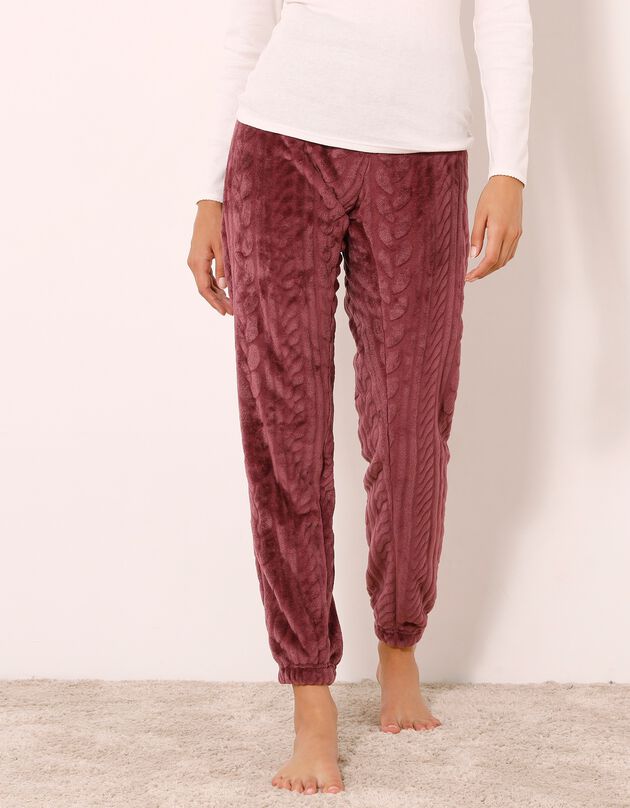 Pantalon maille polaire torsades texturée, toucher peluche (prune)