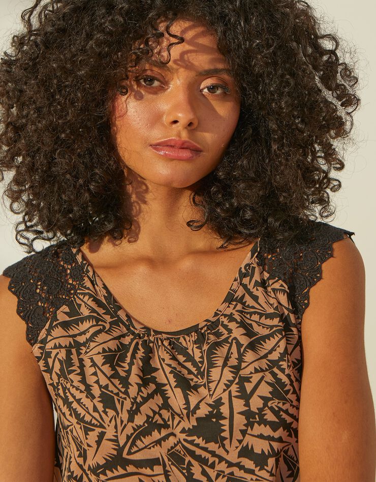 Tee-shirt sans manches imprimé, bandes macramé (noir / taupe) Tee-shirt sans manches imprimé, bandes macramé (noir / taupe)