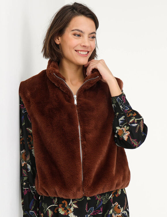 Veste sans manches zipp&eacute;e, mati&egrave;re duveteuse (marron)