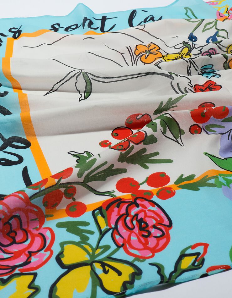 Foulard fabriqué en France imprimé fleurs, 100 x 100 cm  - coton (bleu ciel)