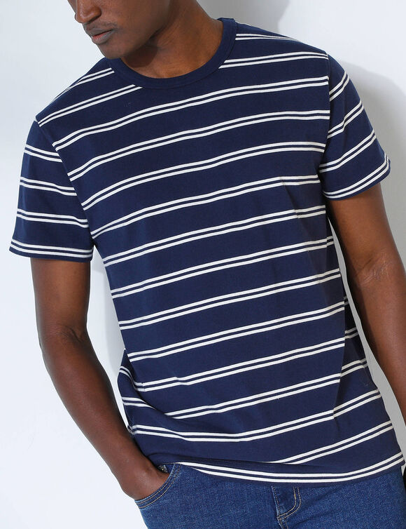 T-shirt ray&eacute; col rond manches courtes - coton biologique(**) (marine / blanc cass&eacute;)