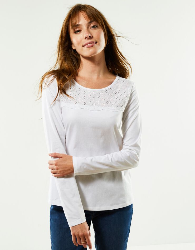 Tee-shirt manches longues, empiècement broderie anglaise (blanc) Tee-shirt manches longues, empiècement broderie anglaise (blanc)