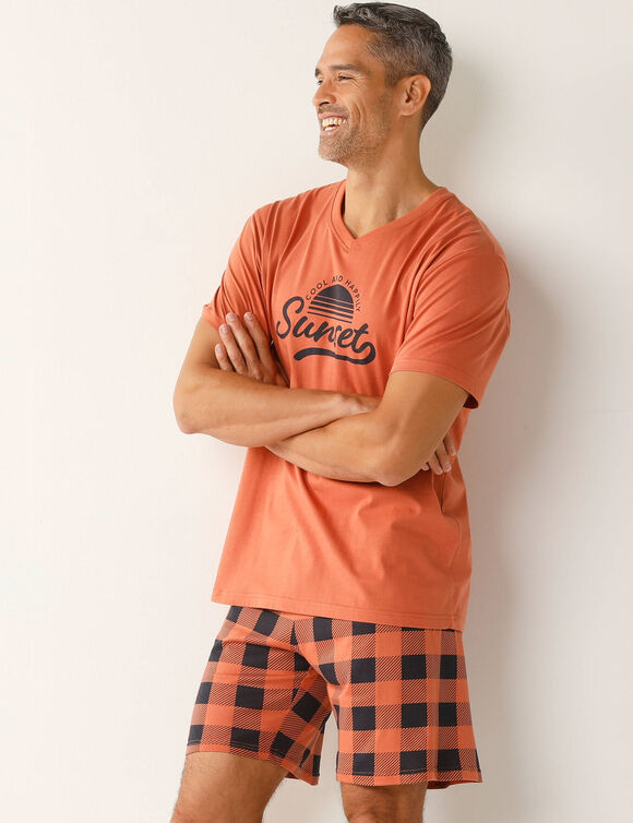 Pyjama short coton carreaux manches courtes (abricot)
