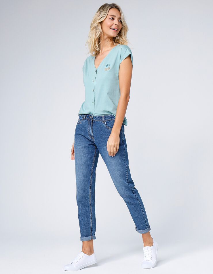 Tee-shirt col V boutonné brodé cerises, spécial petites (vert grisé) Tee-shirt col V boutonné brodé cerises, spécial petites (vert grisé)