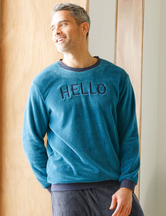 Pyjama "Hello" en maille polaire, toucher peluche (bleu paon)