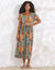 Robe volantée cache-coeur imprimée, crépon (curry / turquoise)