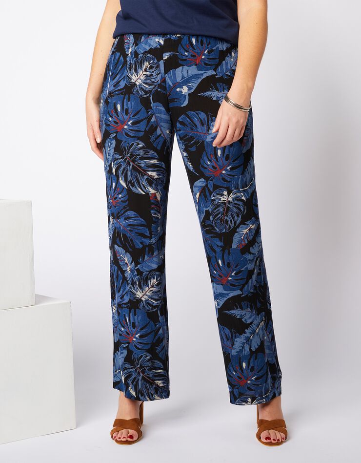 Pantalon large en crépon fluide - imprimé (noir / indigo) Pantalon large en crépon fluide - imprimé (noir / indigo)